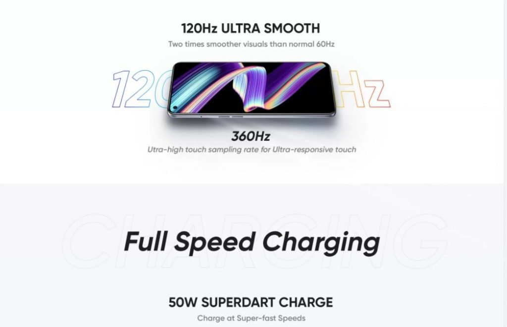 Realme X7 Max 5G :50W SuperDart rapid charging feature Charge the built-in battery from 0% to 50% in 16 minutes.
